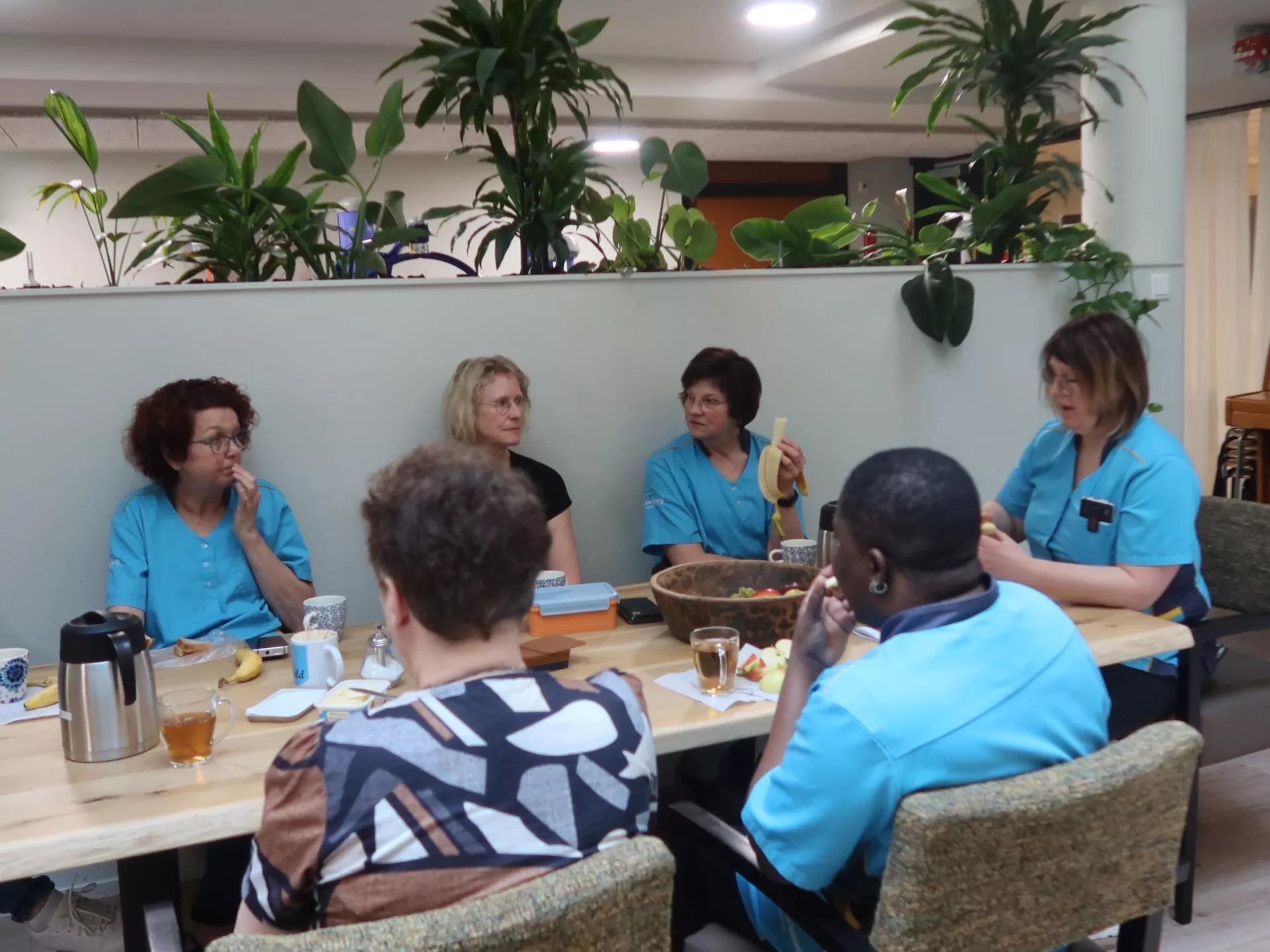 Een groep collega's aan tafel tijdens de pauze met planten op de achtergrond.