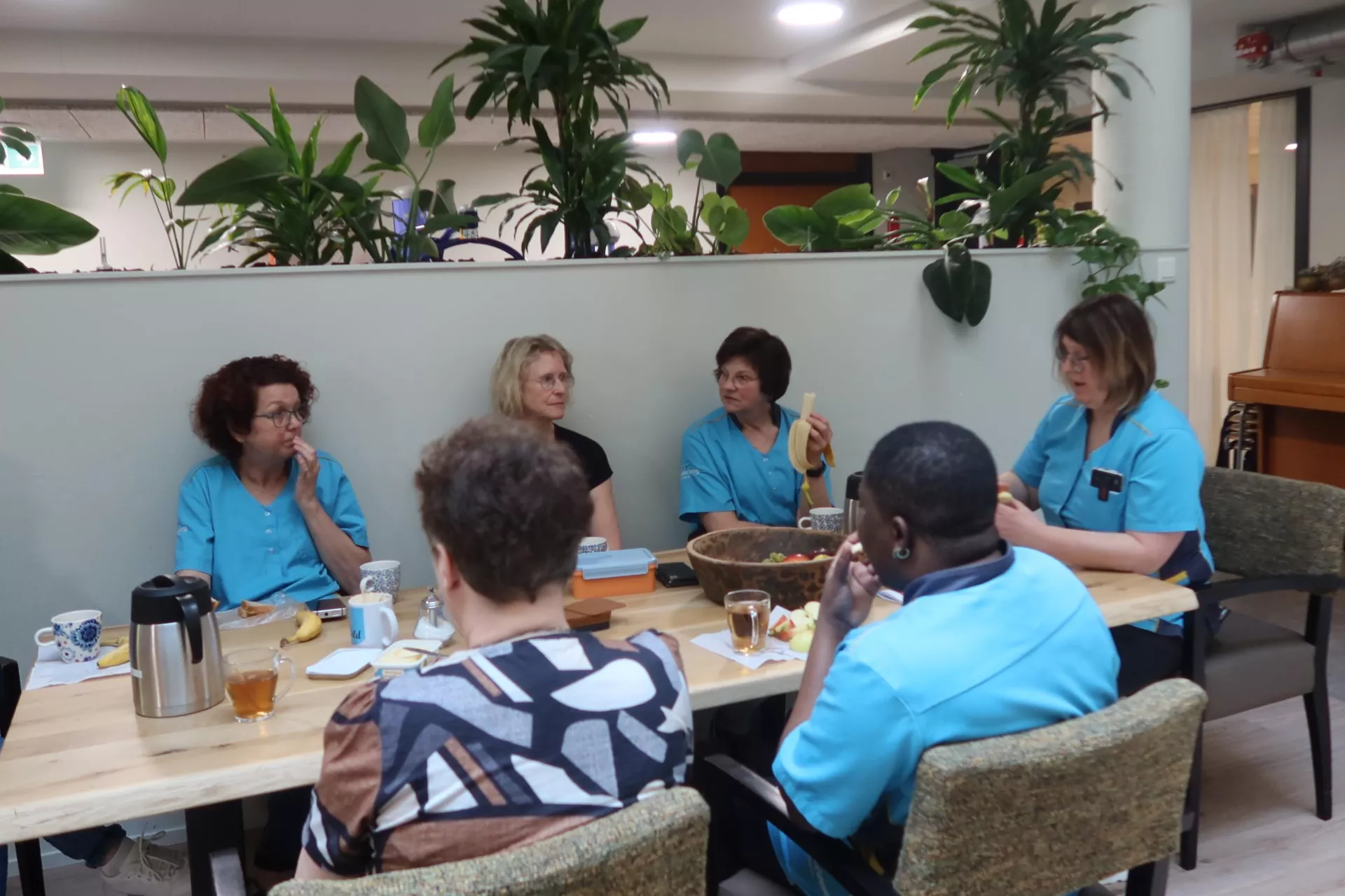 Een groep collega's aan tafel tijdens de pauze met planten op de achtergrond.